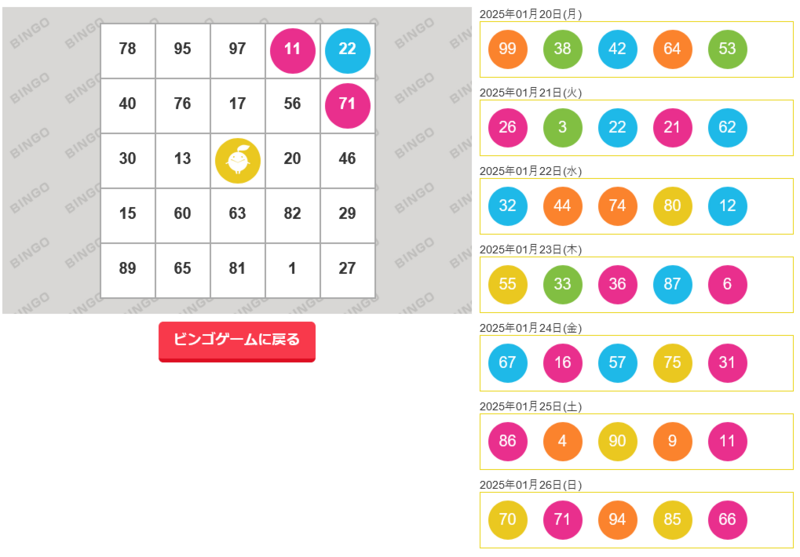 フルーツメール ビンゴゲーム 1/27(月)10時抽選分 結果